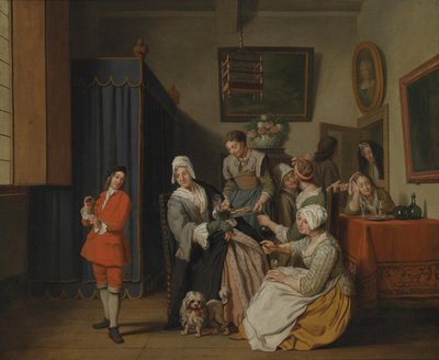 Bürgerliches Interieur mit zahlreichen Frauen und einem jungen Mann mit einem Vogel von Jan Josef Horemans II